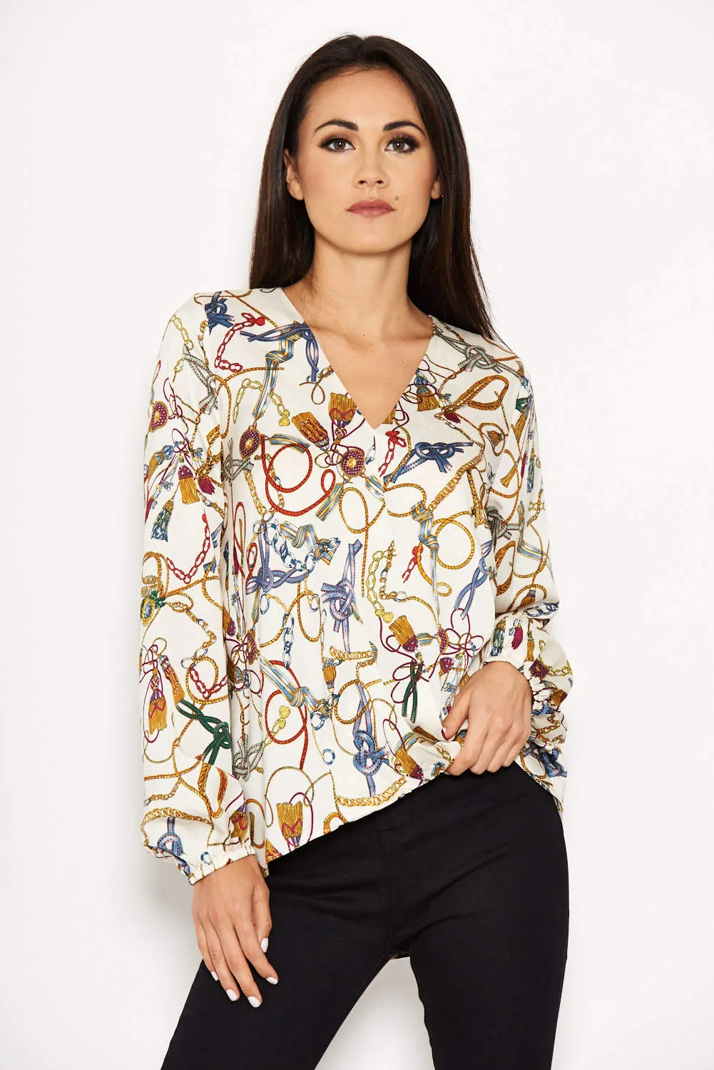 Cream Chain Print Wrap Top