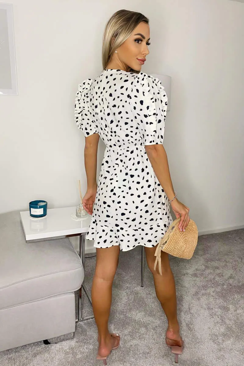 Cream Printed Pleat Sleeve Wrap Dress