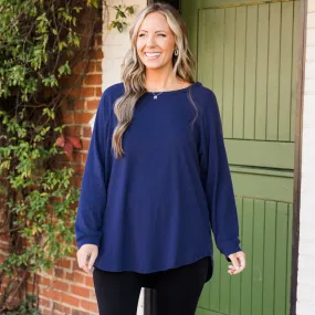 Curved Hem Slouchy Dolman Tunic, Navy