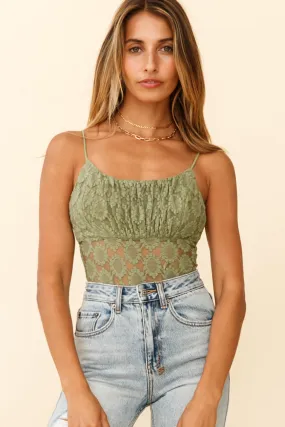 Dirty Dancing Ruched Bust Low-Back Lace Bodysuit Avocado