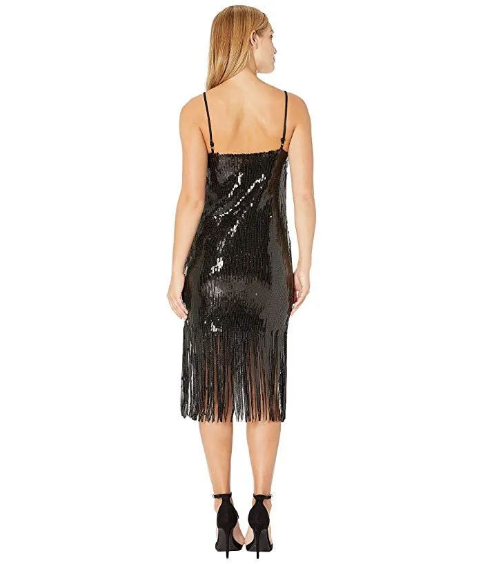 Donna Morgan Stretch Sequin Sleeveless Fringe Hem Shift Dress