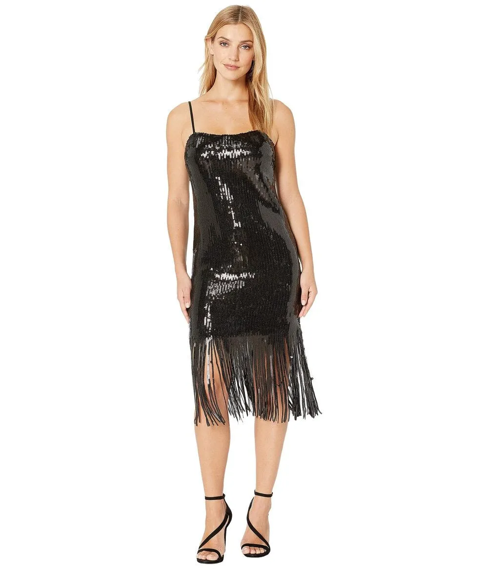 Donna Morgan Stretch Sequin Sleeveless Fringe Hem Shift Dress