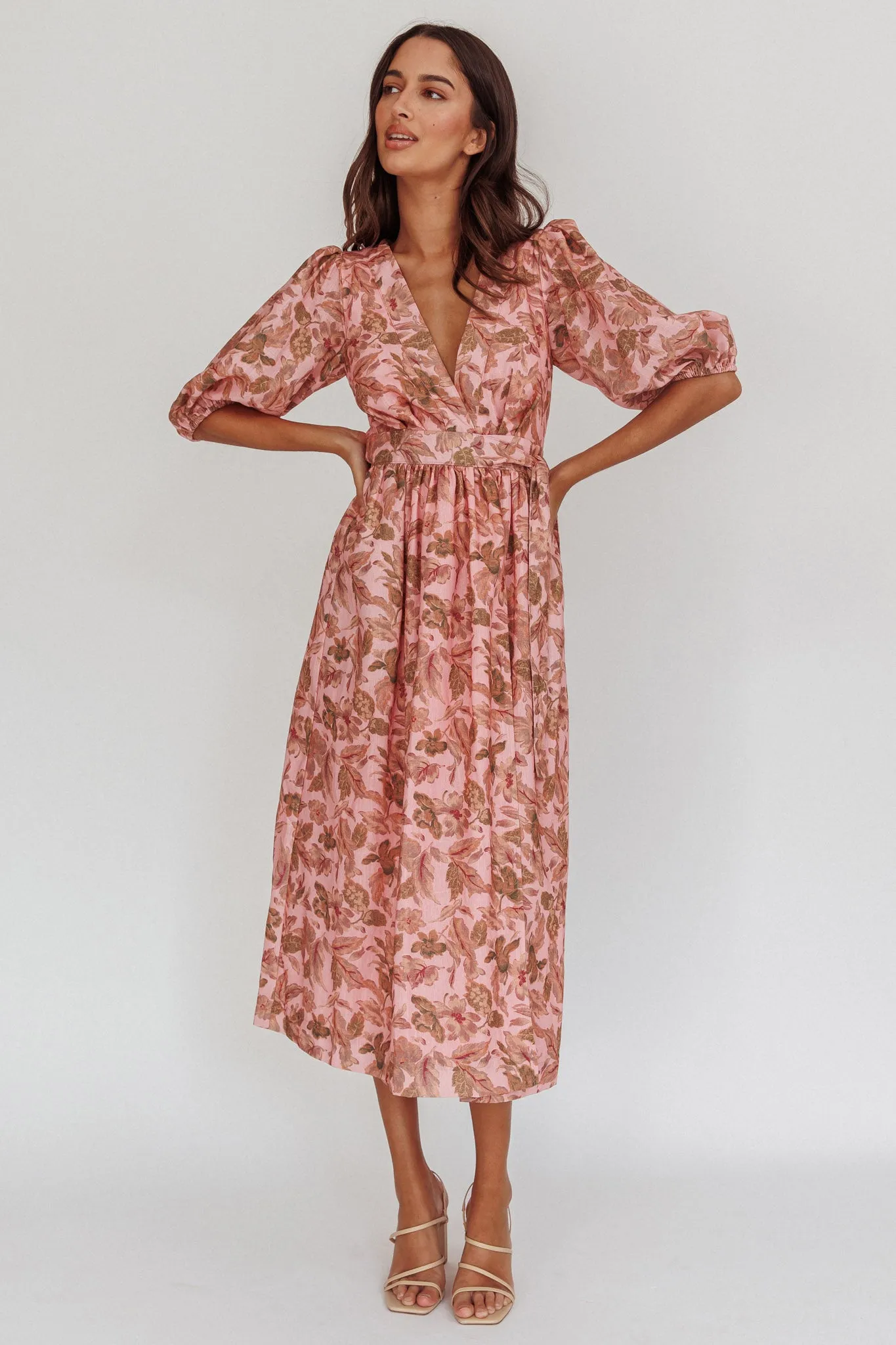 Doris Floral Puff Sleeve Midi Wrap Dress Blush