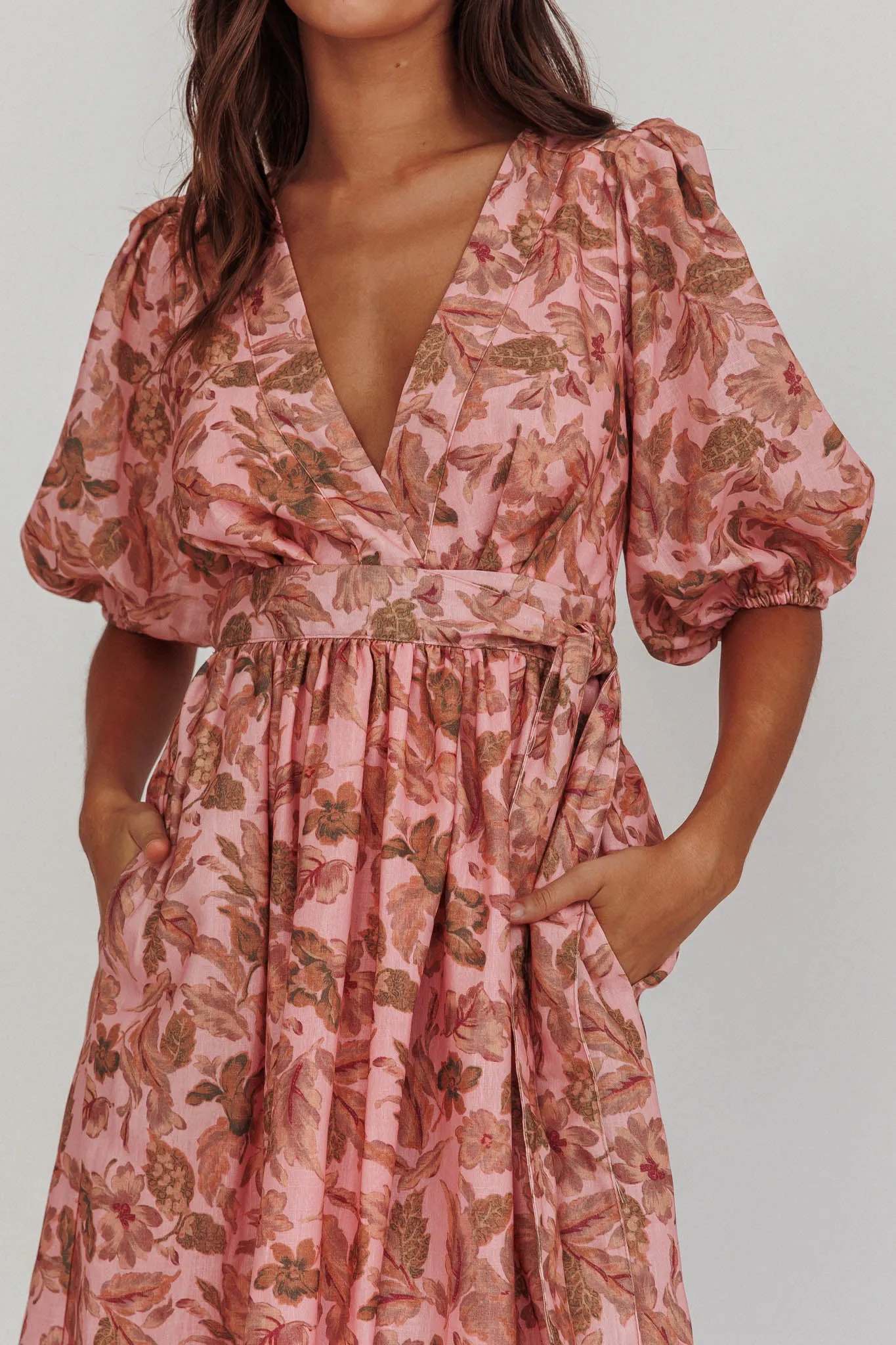 Doris Floral Puff Sleeve Midi Wrap Dress Blush