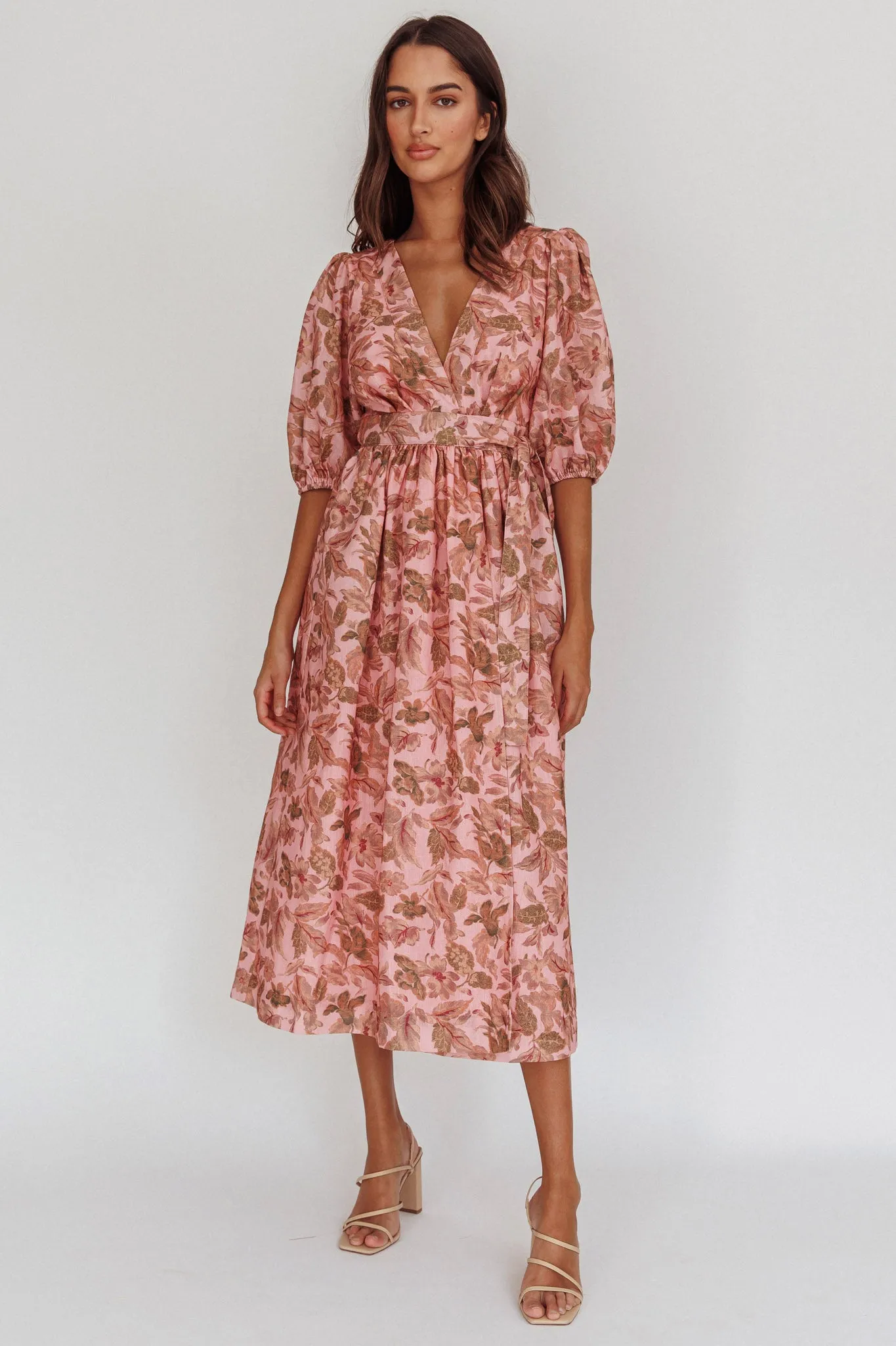 Doris Floral Puff Sleeve Midi Wrap Dress Blush