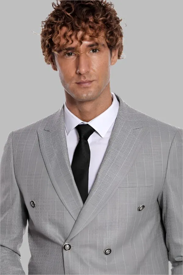 Double Breasted Slim Fit Striped Grey Men Blazer - Wessi