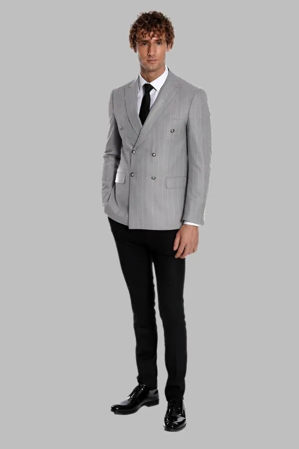 Double Breasted Slim Fit Striped Grey Men Blazer - Wessi