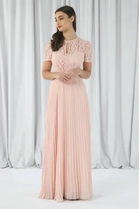 Double Second Pink Pleated Sleeve Lace Dress