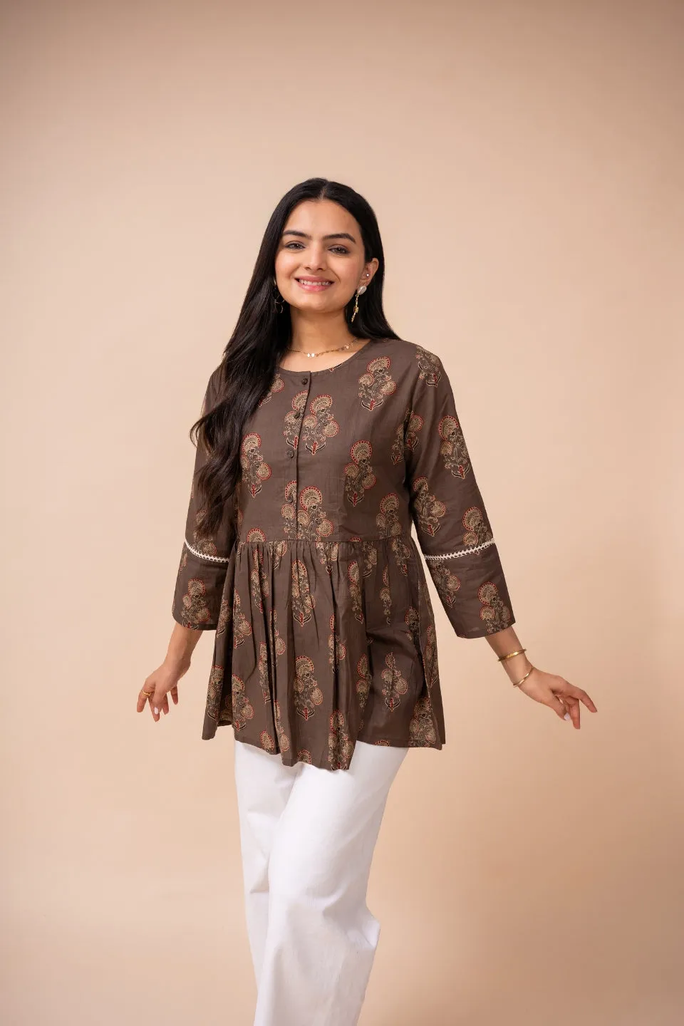 Ekisha's women brown floral printed cotton tunic top short kurti