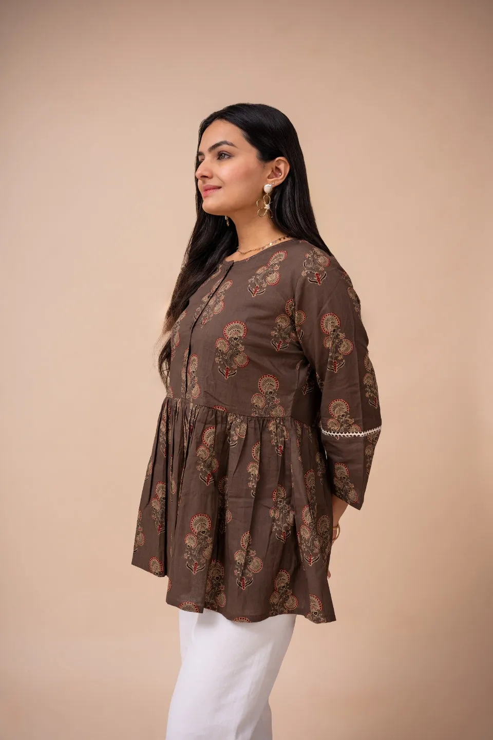 Ekisha's women brown floral printed cotton tunic top short kurti