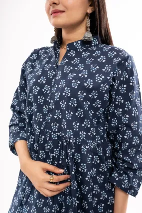 Ekisha's women dark blue floral printed cotton tunic top short kurti