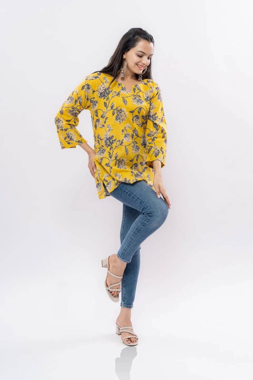 Ekisha's women yellow floral multicolor printed cotton tunic top short kurti