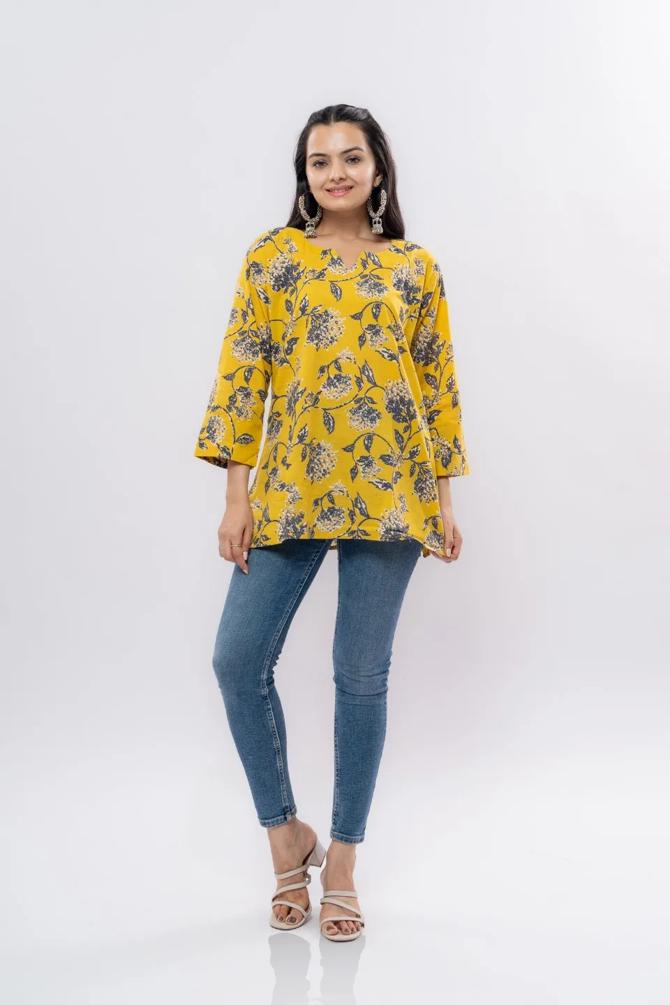 Ekisha's women yellow floral multicolor printed cotton tunic top short kurti