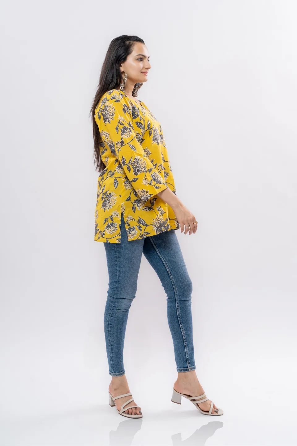 Ekisha's women yellow floral multicolor printed cotton tunic top short kurti