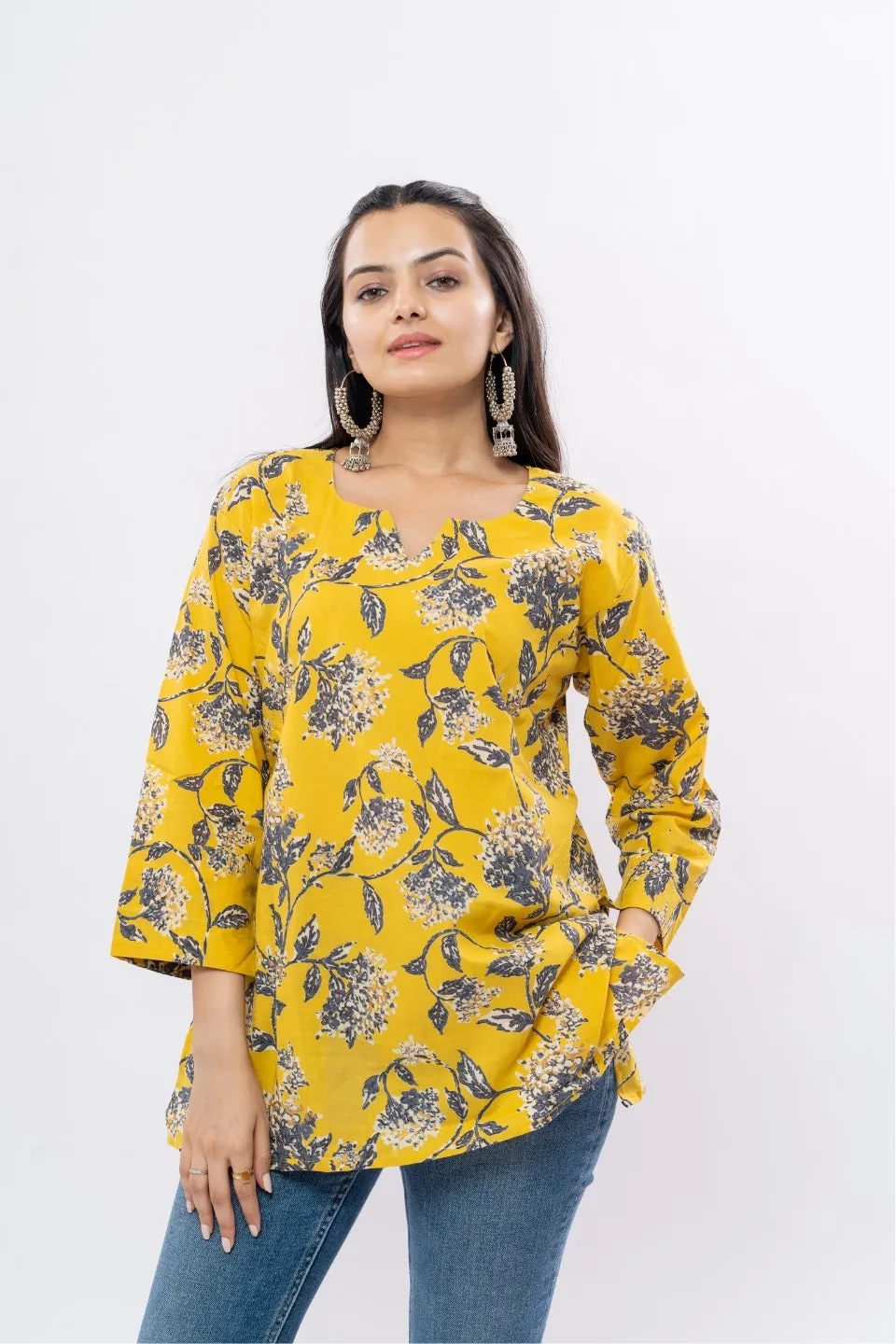 Ekisha's women yellow floral multicolor printed cotton tunic top short kurti