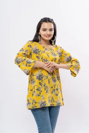 Ekisha's women yellow floral multicolor printed cotton tunic top short kurti