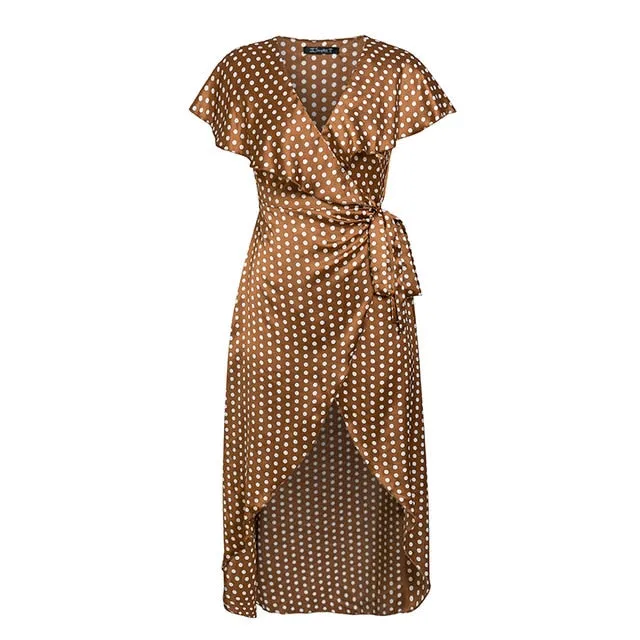 Elegant V Neck Wrap Sashes Dots Print Vintage Dresses