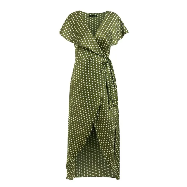 Elegant V Neck Wrap Sashes Dots Print Vintage Dresses