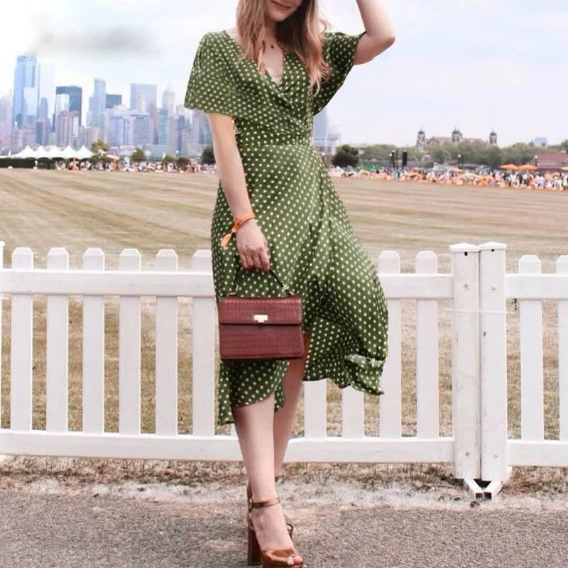 Elegant V Neck Wrap Sashes Dots Print Vintage Dresses