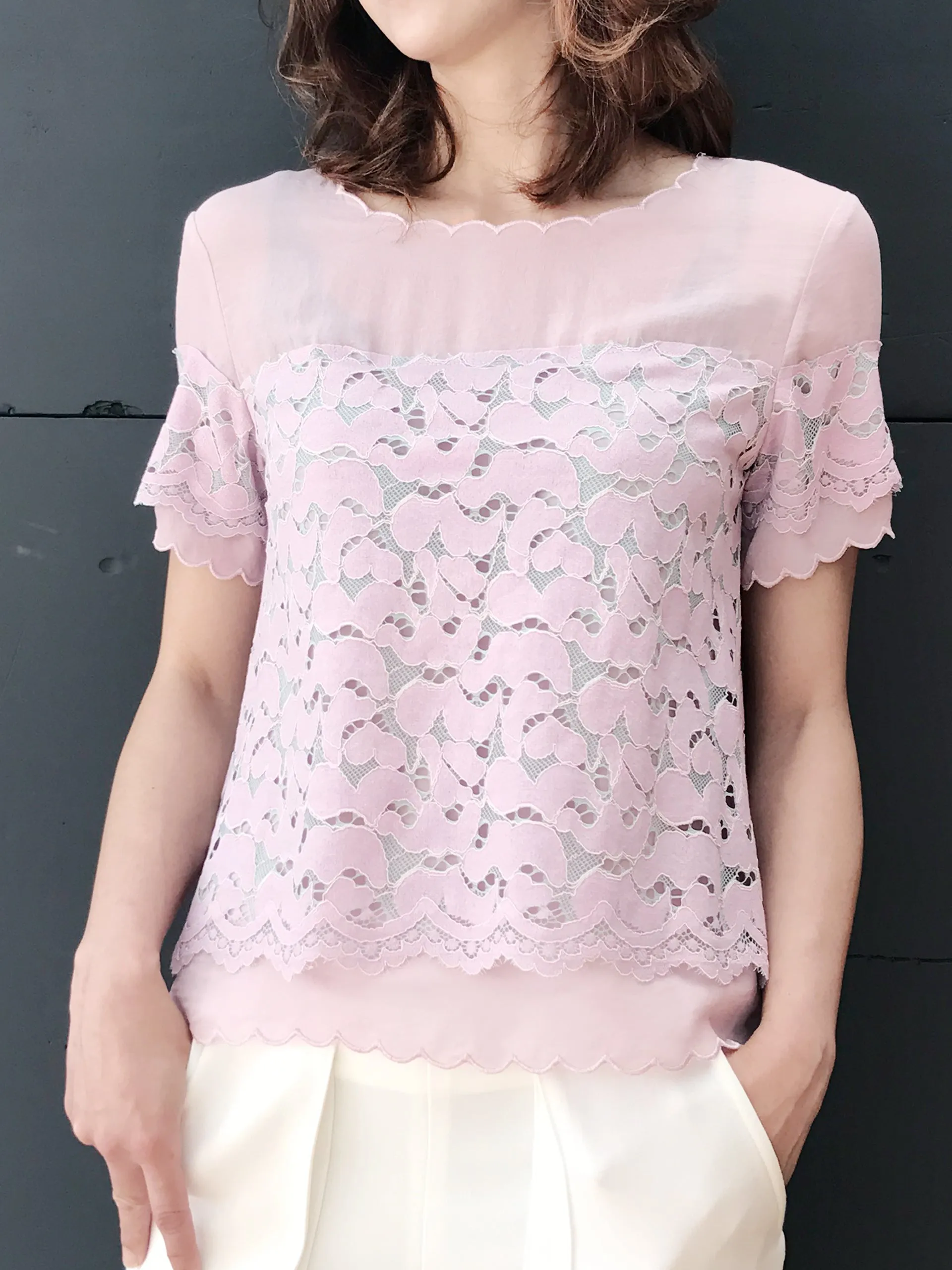 Final Sale! Lavender Romantic Lace Layered Scallop Edging Chiffon Top