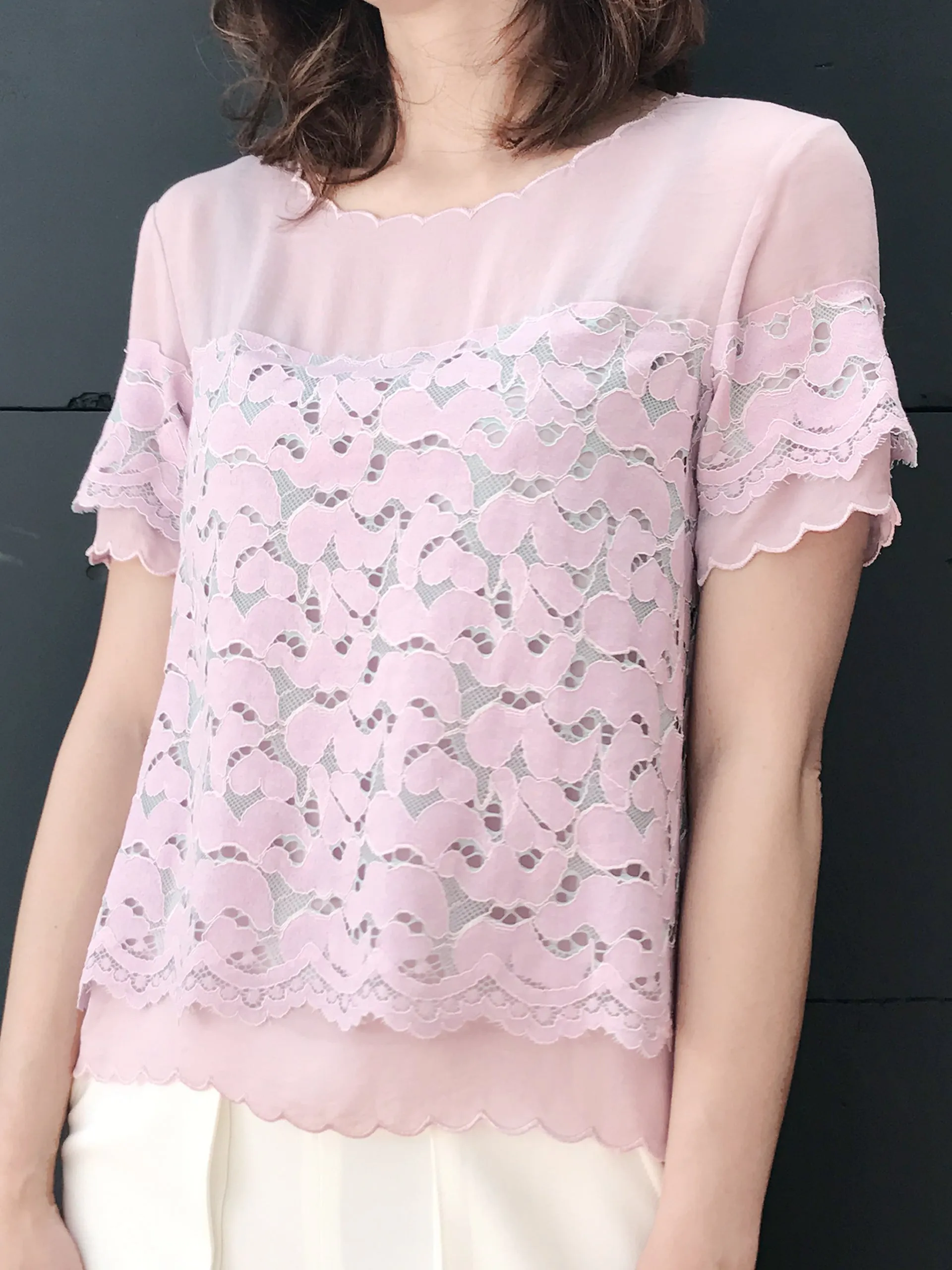 Final Sale! Lavender Romantic Lace Layered Scallop Edging Chiffon Top