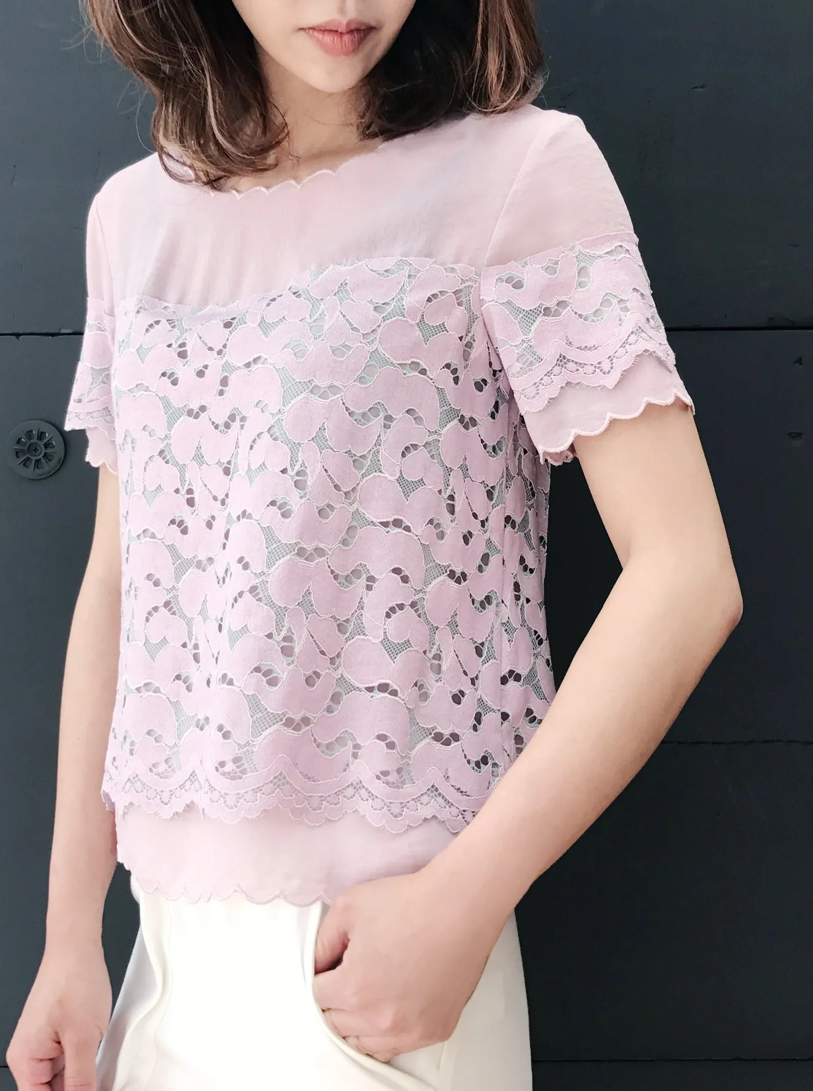 Final Sale! Lavender Romantic Lace Layered Scallop Edging Chiffon Top