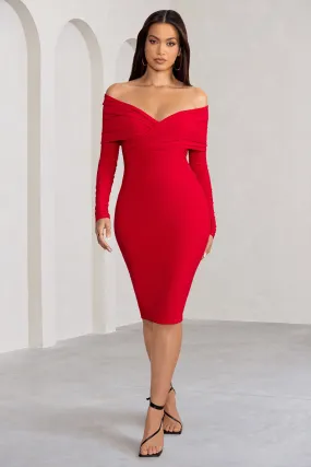 Flatter Me | Red Twist Front Bardot Midi Dress