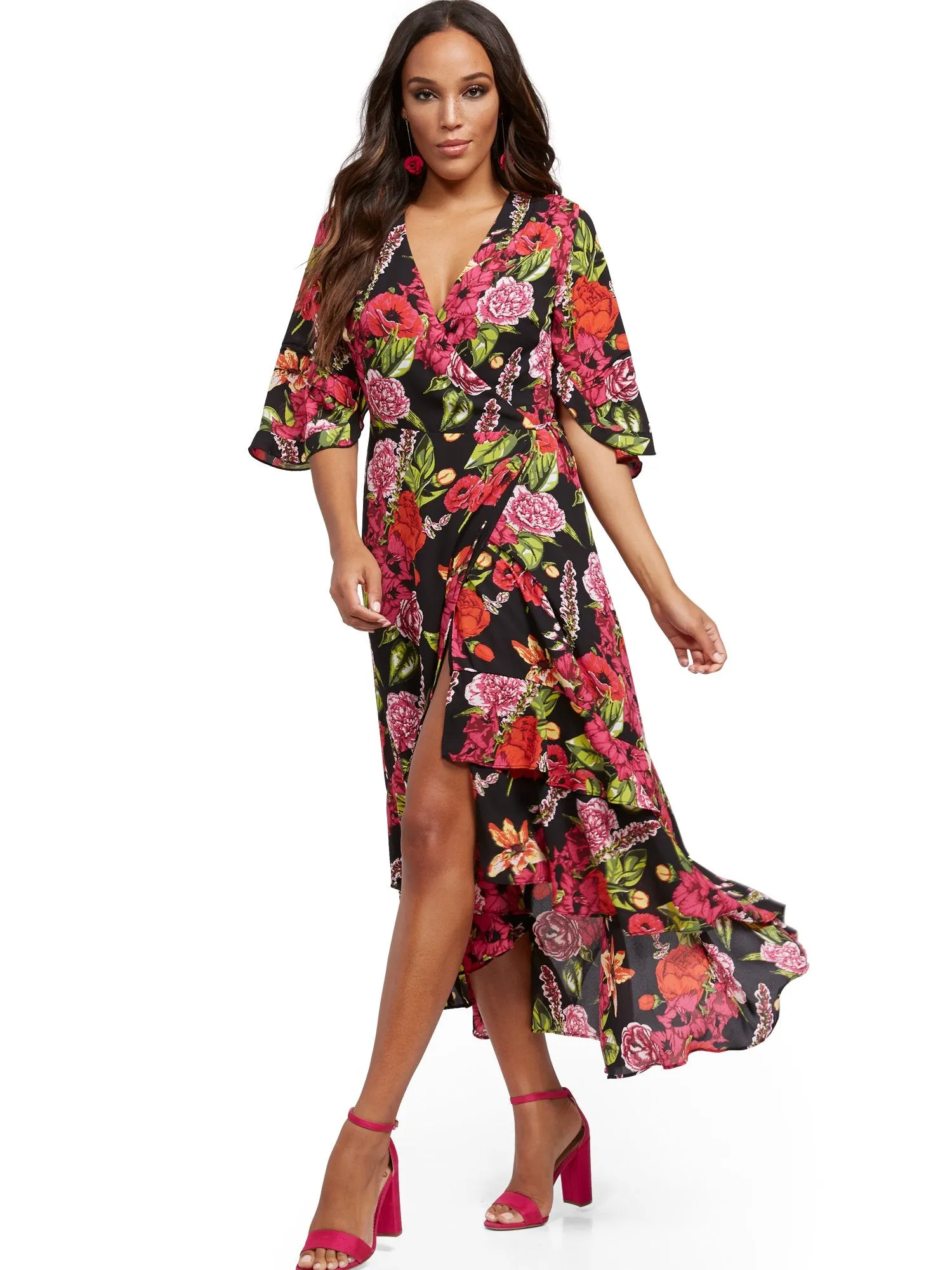 Floral Hi-Lo Wrap Maxi Dress