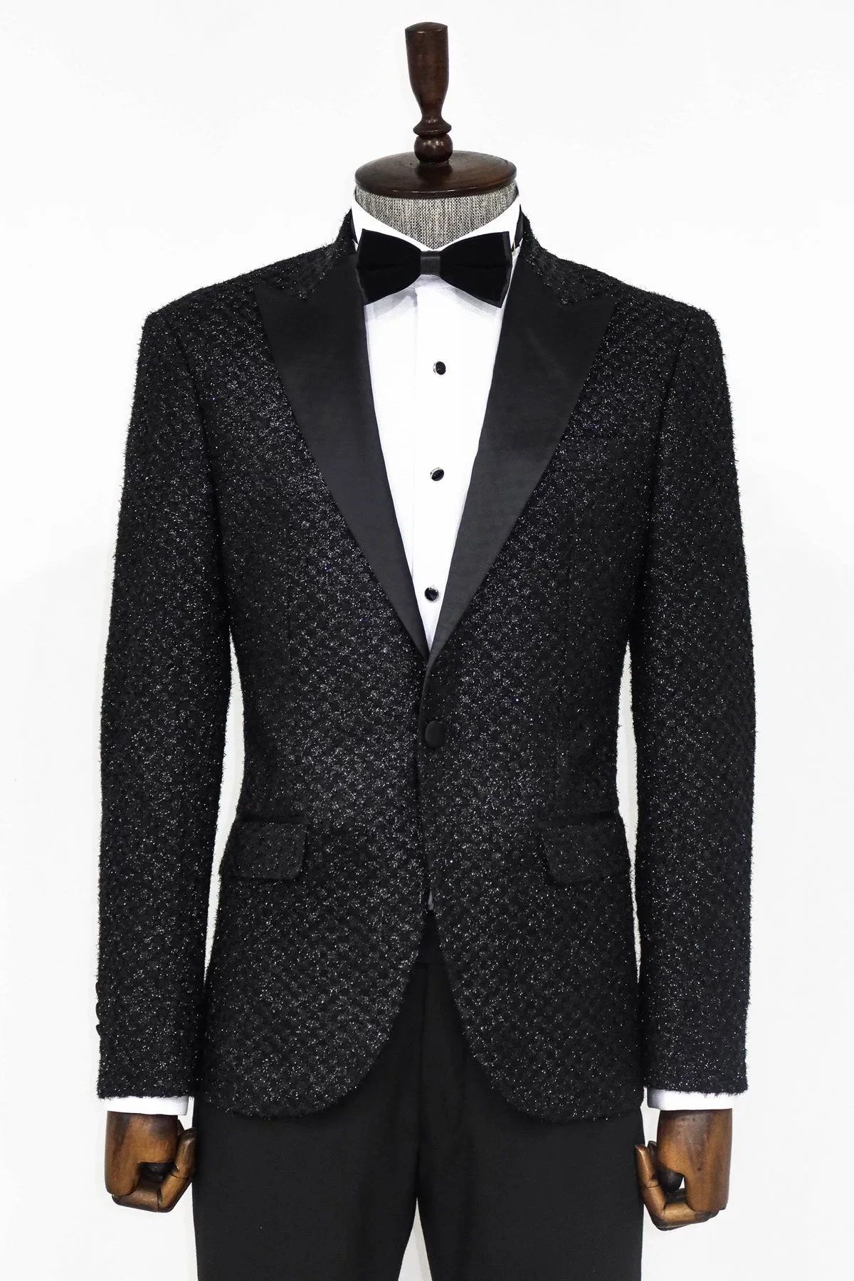 Gingham Patterned Glitter Black Men Prom Blazer and Trousers Combination - Wessi