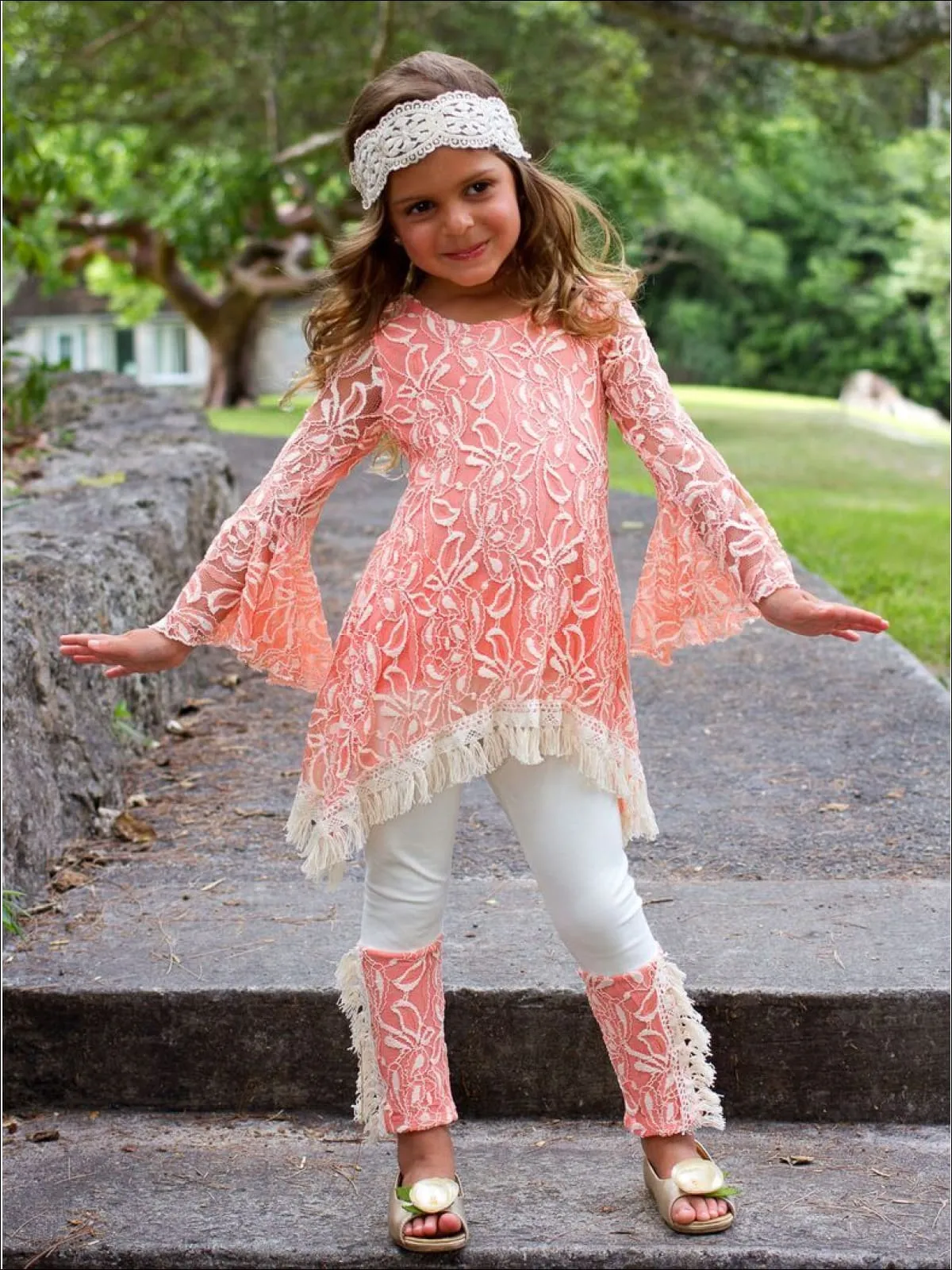 Girls Lace Bell Sleeve Crochet Hem Side Tail Tunic And Cuffed Legging Set