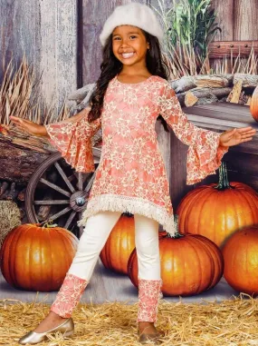 Girls Lace Bell Sleeve Crochet Hem Side Tail Tunic And Cuffed Legging Set