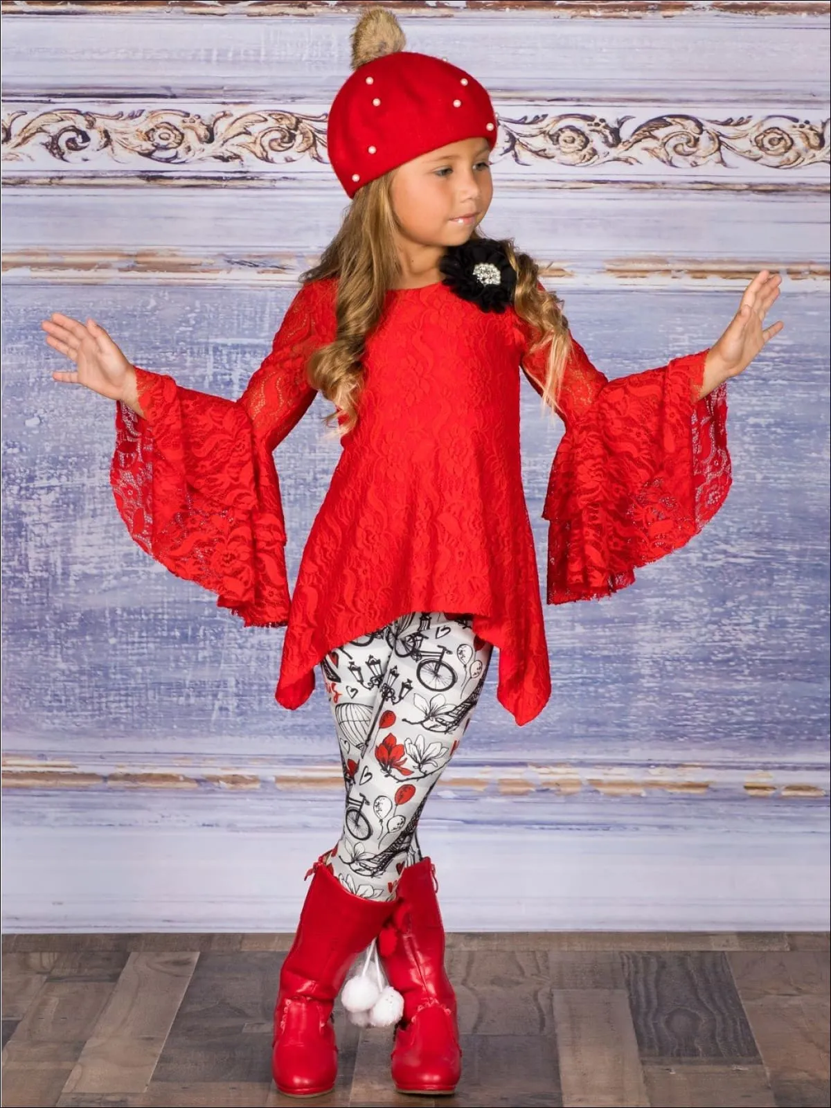 Girls Lace Side Tail Tiered Flared Sleeve Tunic And Legging Set