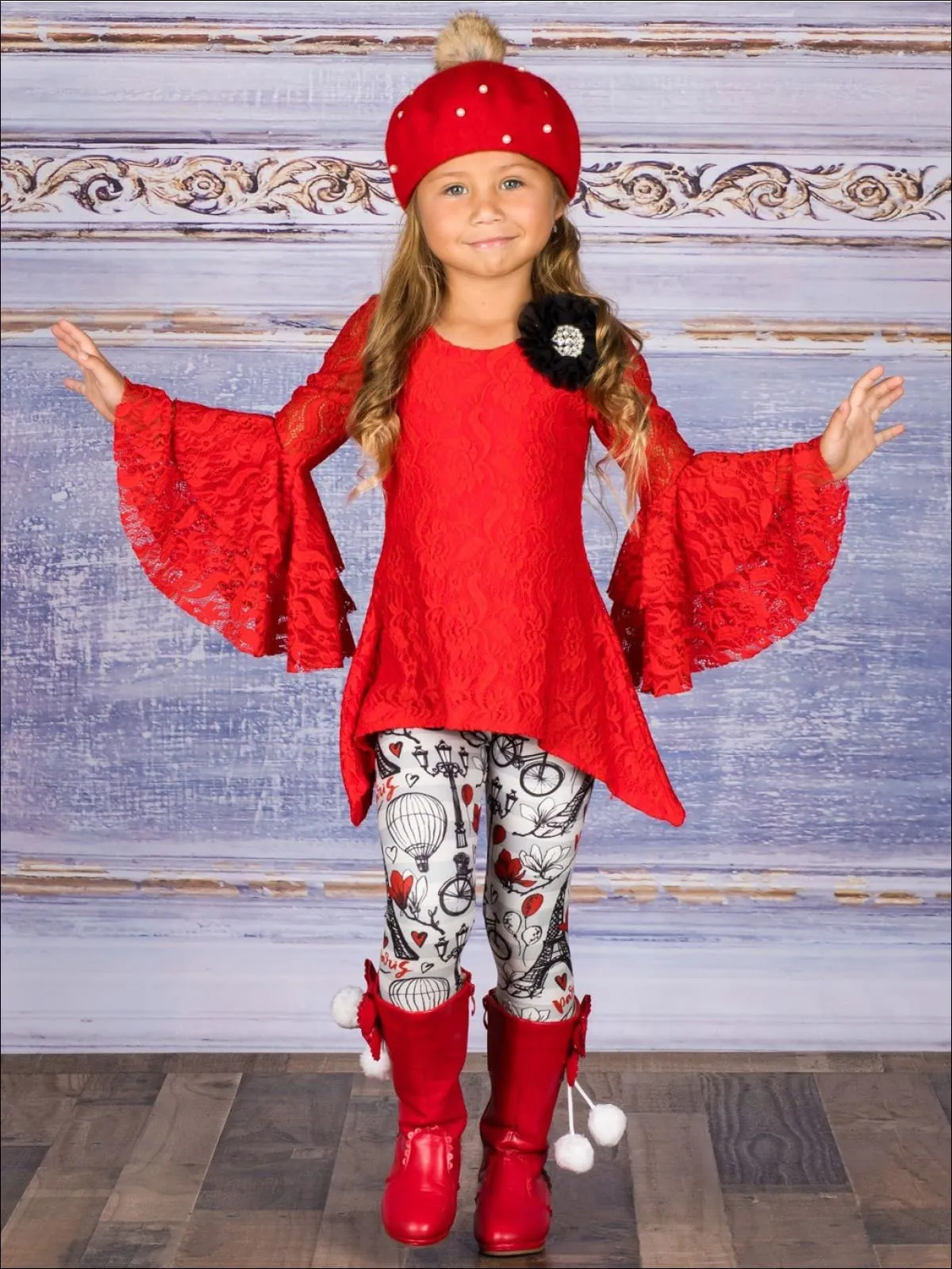 Girls Lace Side Tail Tiered Flared Sleeve Tunic And Legging Set