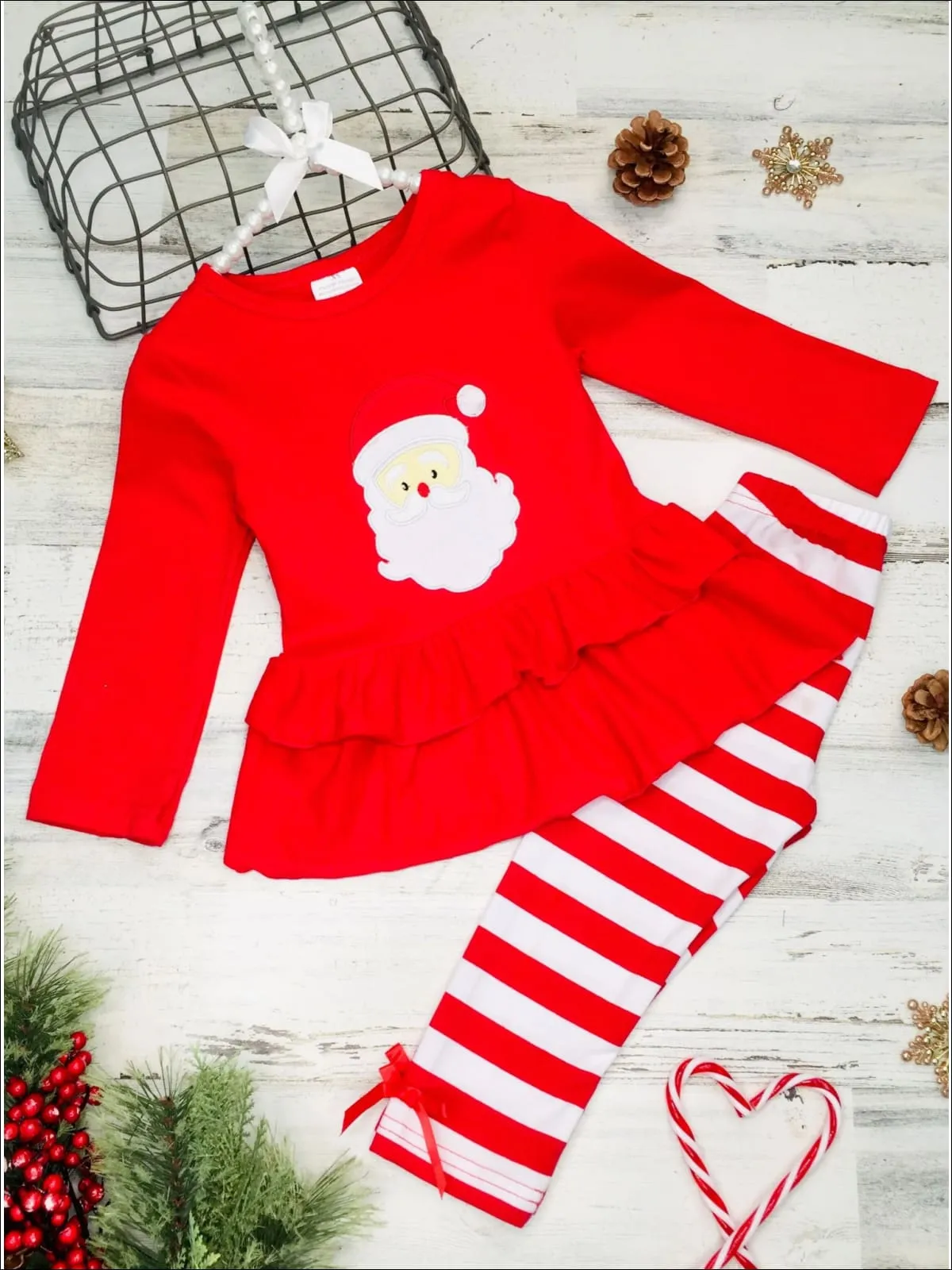 Girls Long Sleeve Santa Applique Double Ruffle Peplum Tunic And Striped Legging Set