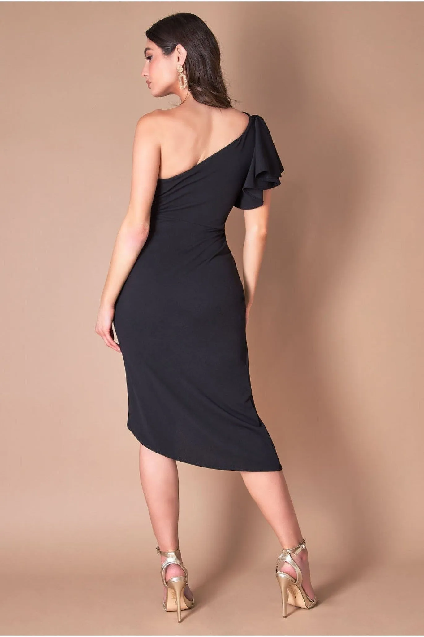 Goddiva Waterfall Sleeve Wrap Midi Dress - Black