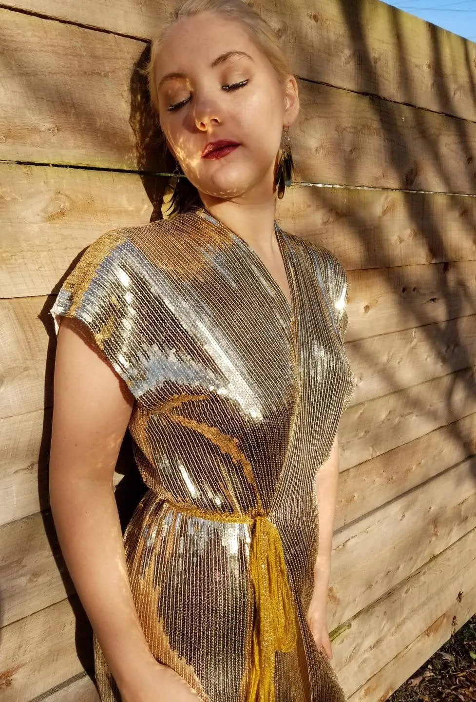 Gold Sequin Fringe Wrap Dress / New Years Eve / Holiday 2020 Midi Dress