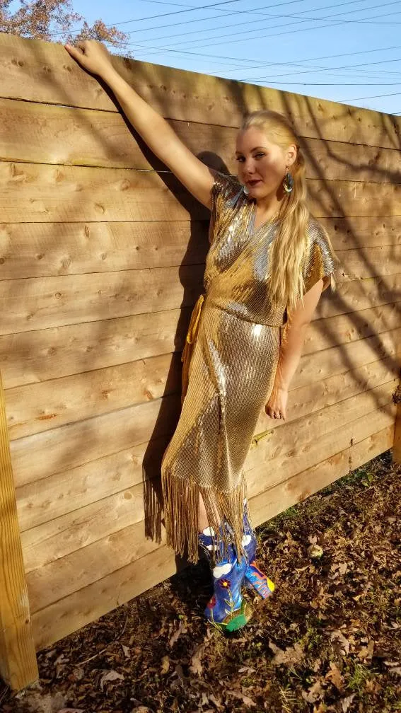 Gold Sequin Fringe Wrap Dress / New Years Eve / Holiday 2020 Midi Dress