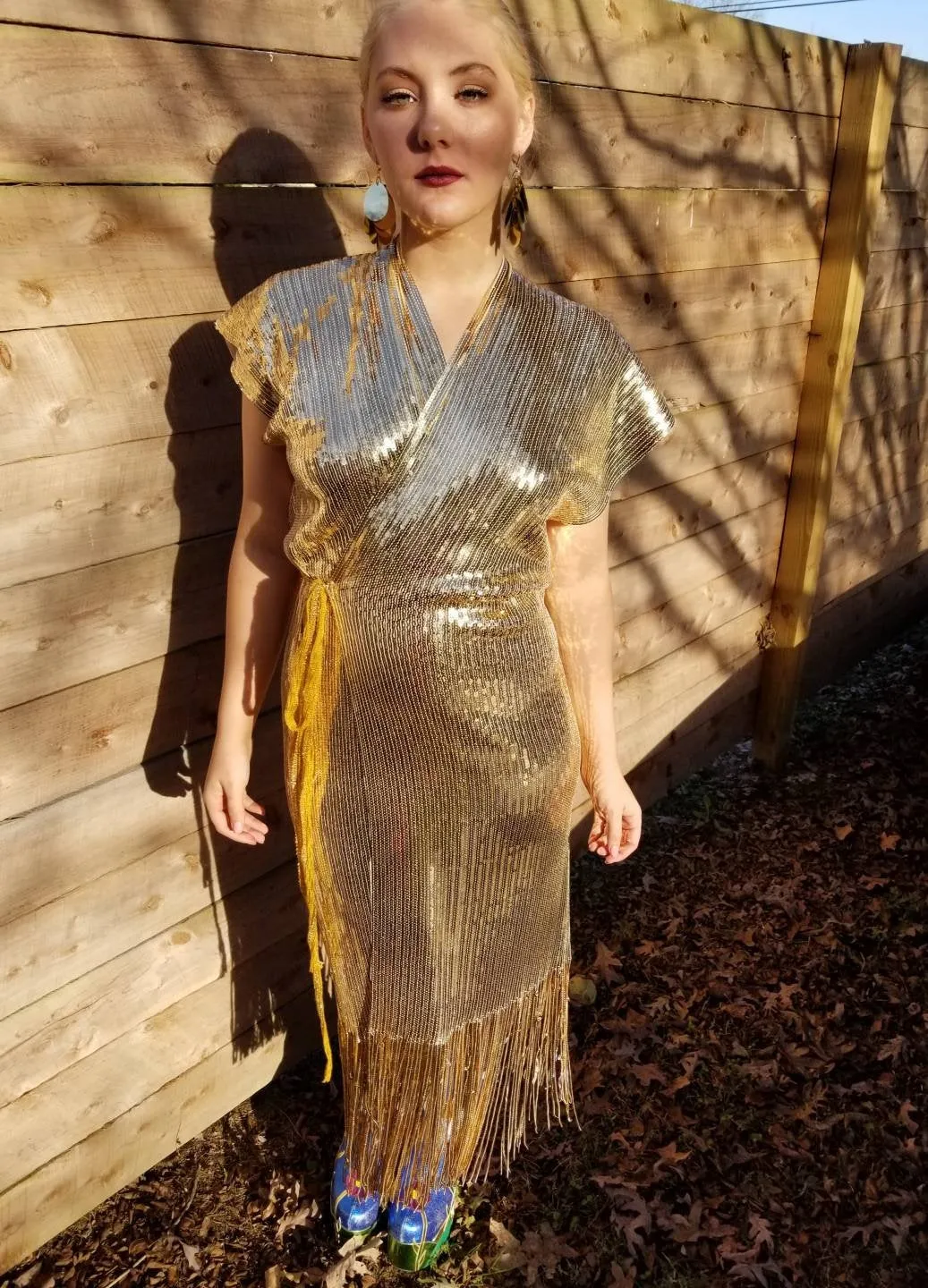 Gold Sequin Fringe Wrap Dress / New Years Eve / Holiday 2020 Midi Dress