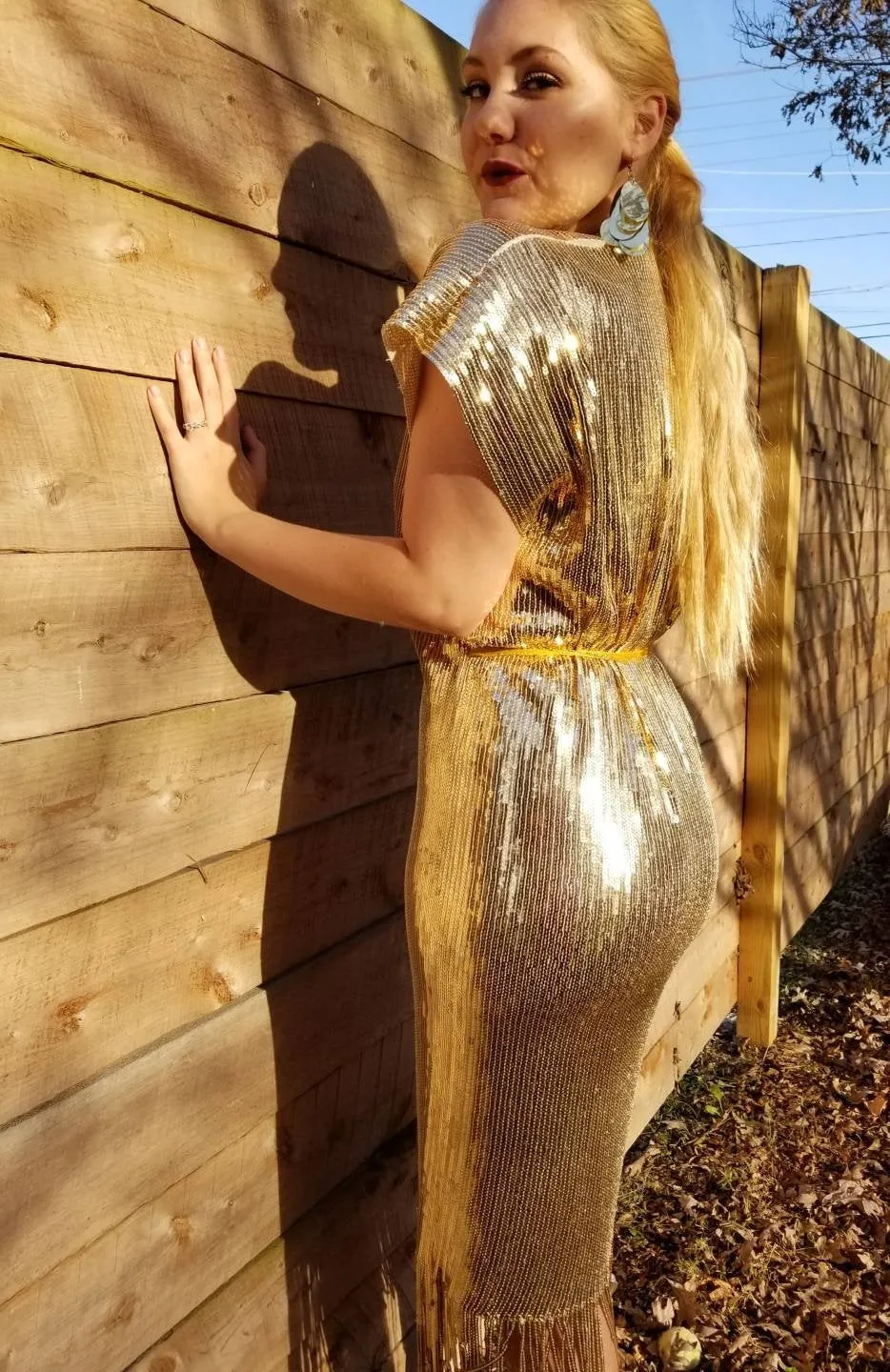 Gold Sequin Fringe Wrap Dress / New Years Eve / Holiday 2020 Midi Dress