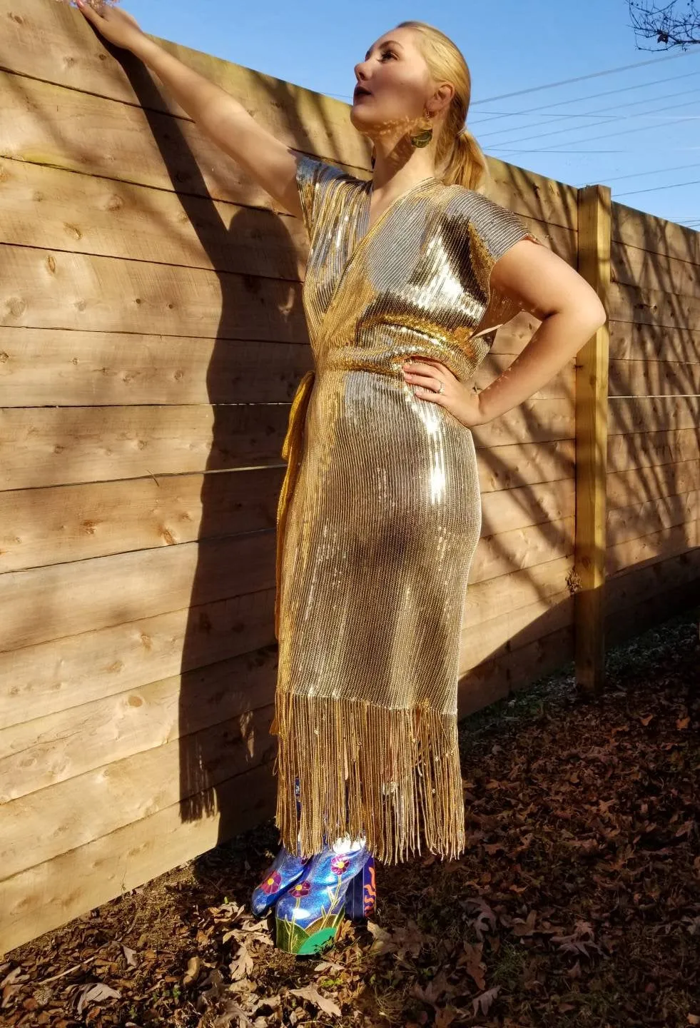 Gold Sequin Fringe Wrap Dress / New Years Eve / Holiday 2020 Midi Dress