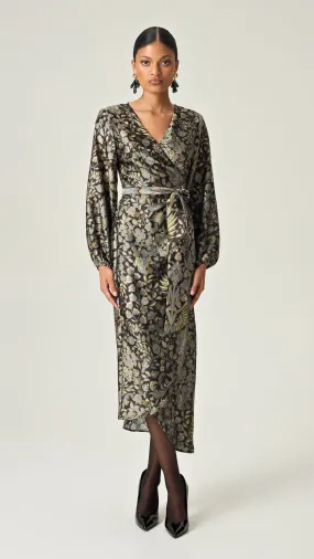 GOLDEN TWILIGHT MIDI SATIN WRAP DRESS