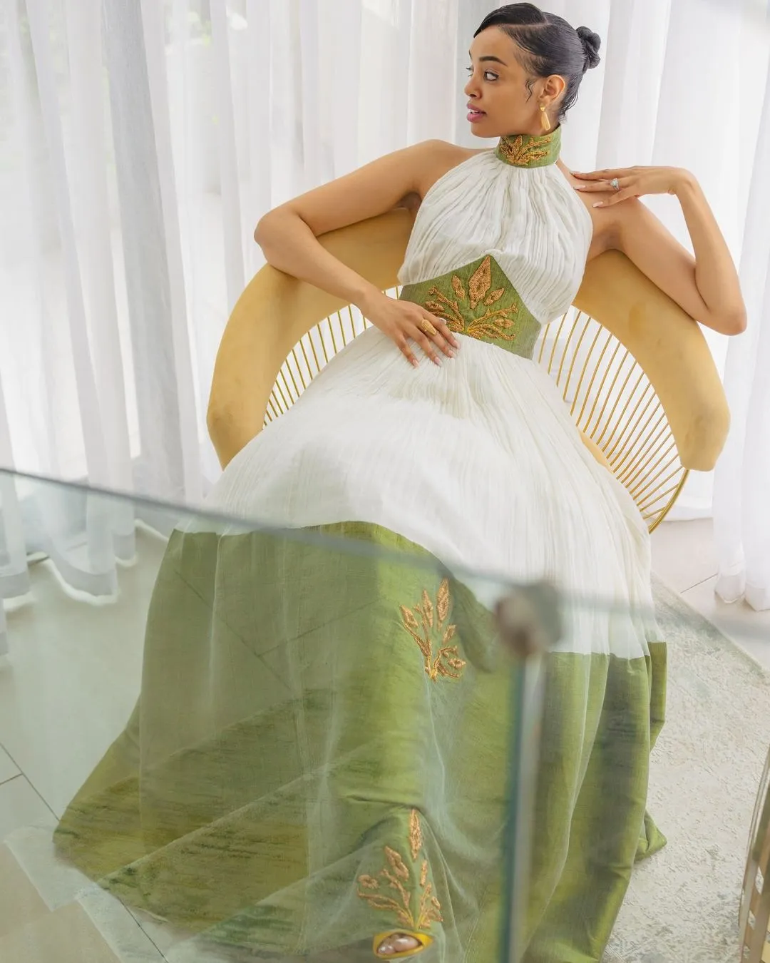 Green Backless Classic Habesha Dress: Traditional Ethiopian Dress with Golden Clover Detailing