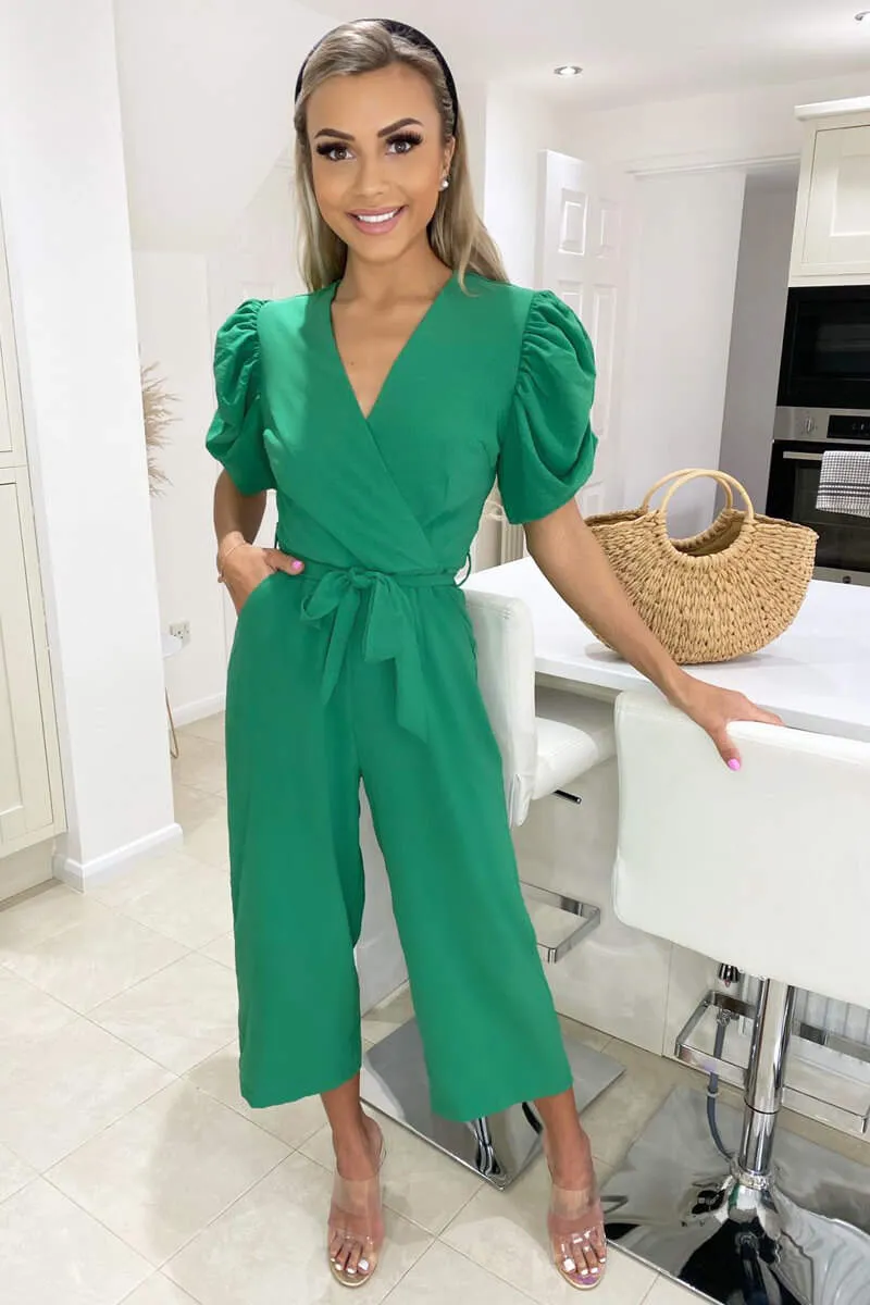 Green Wrap Over Tie Waist Jumpsuit