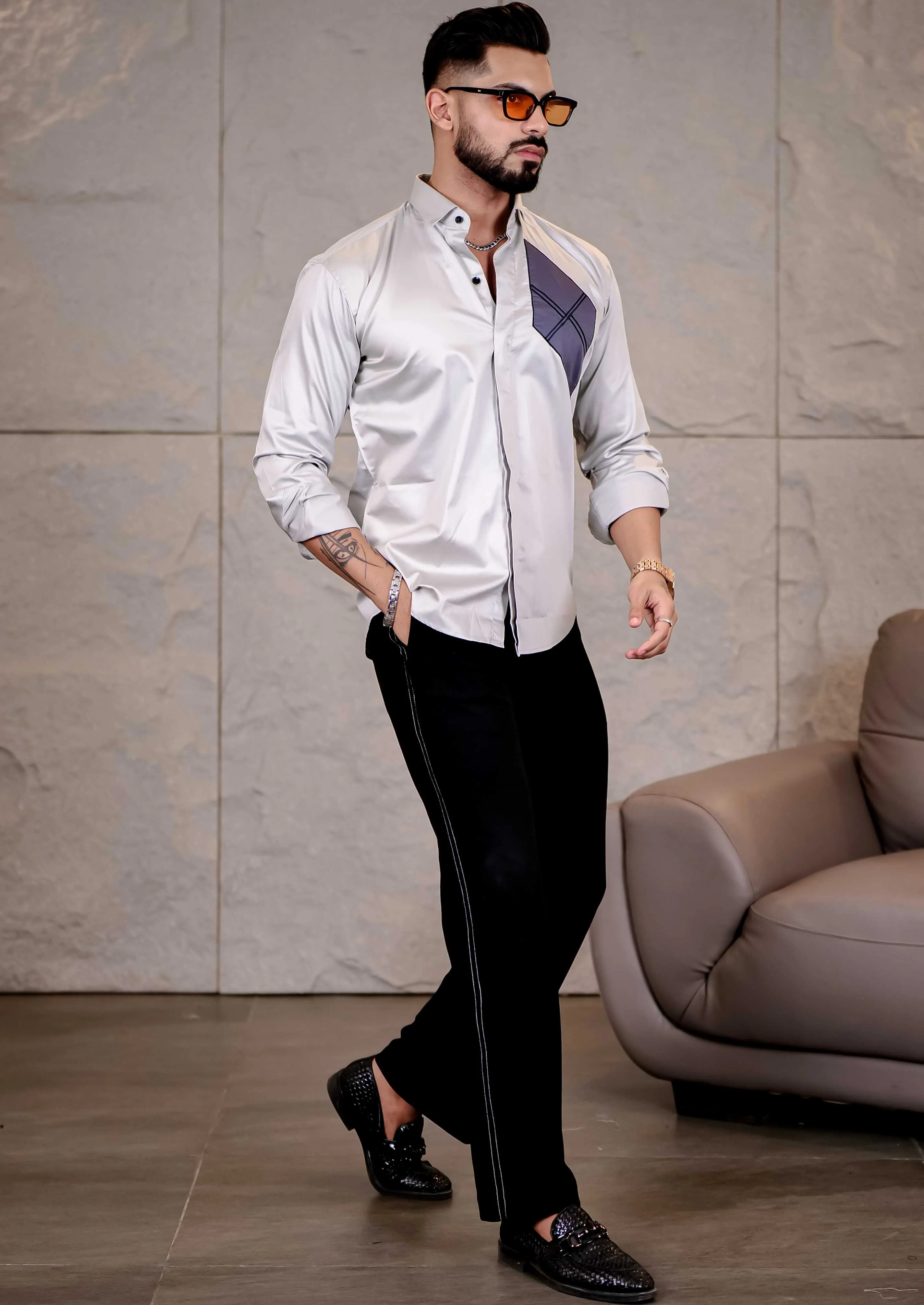 Grey Cut n Sew Premium Cotton Shirt For Men