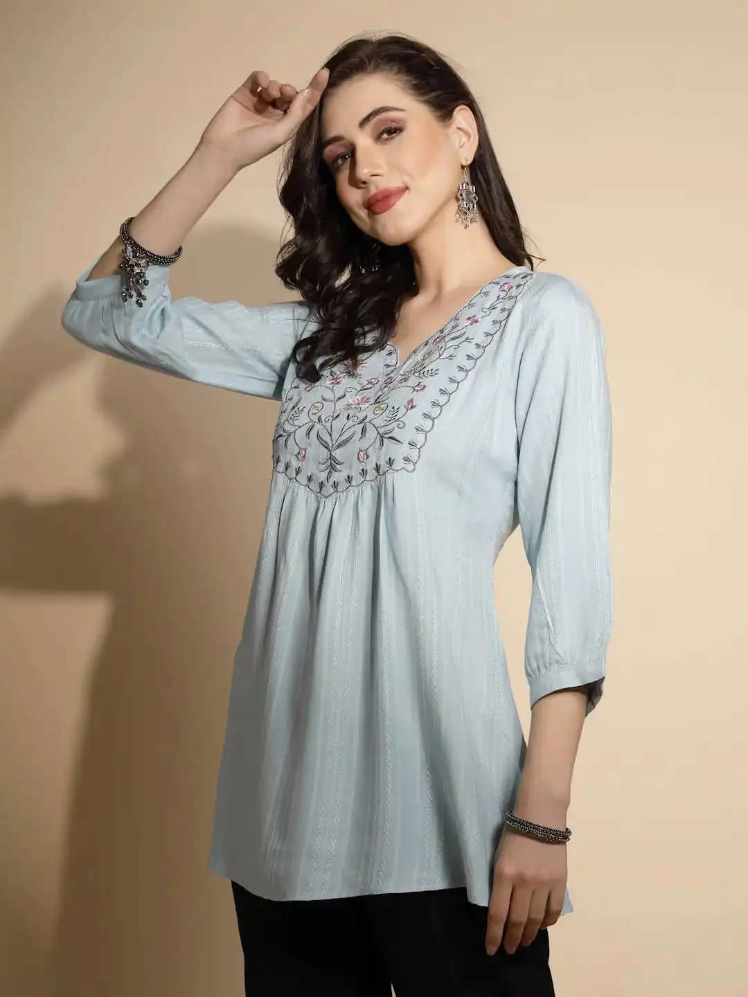 Grey Embroidered Three Quarter Sleeves V-Neck Cotton Blend Tunic