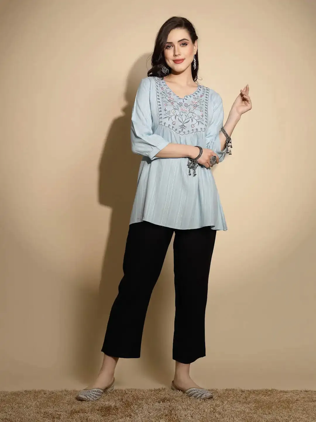 Grey Embroidered Three Quarter Sleeves V-Neck Cotton Blend Tunic