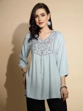 Grey Embroidered Three Quarter Sleeves V-Neck Cotton Blend Tunic