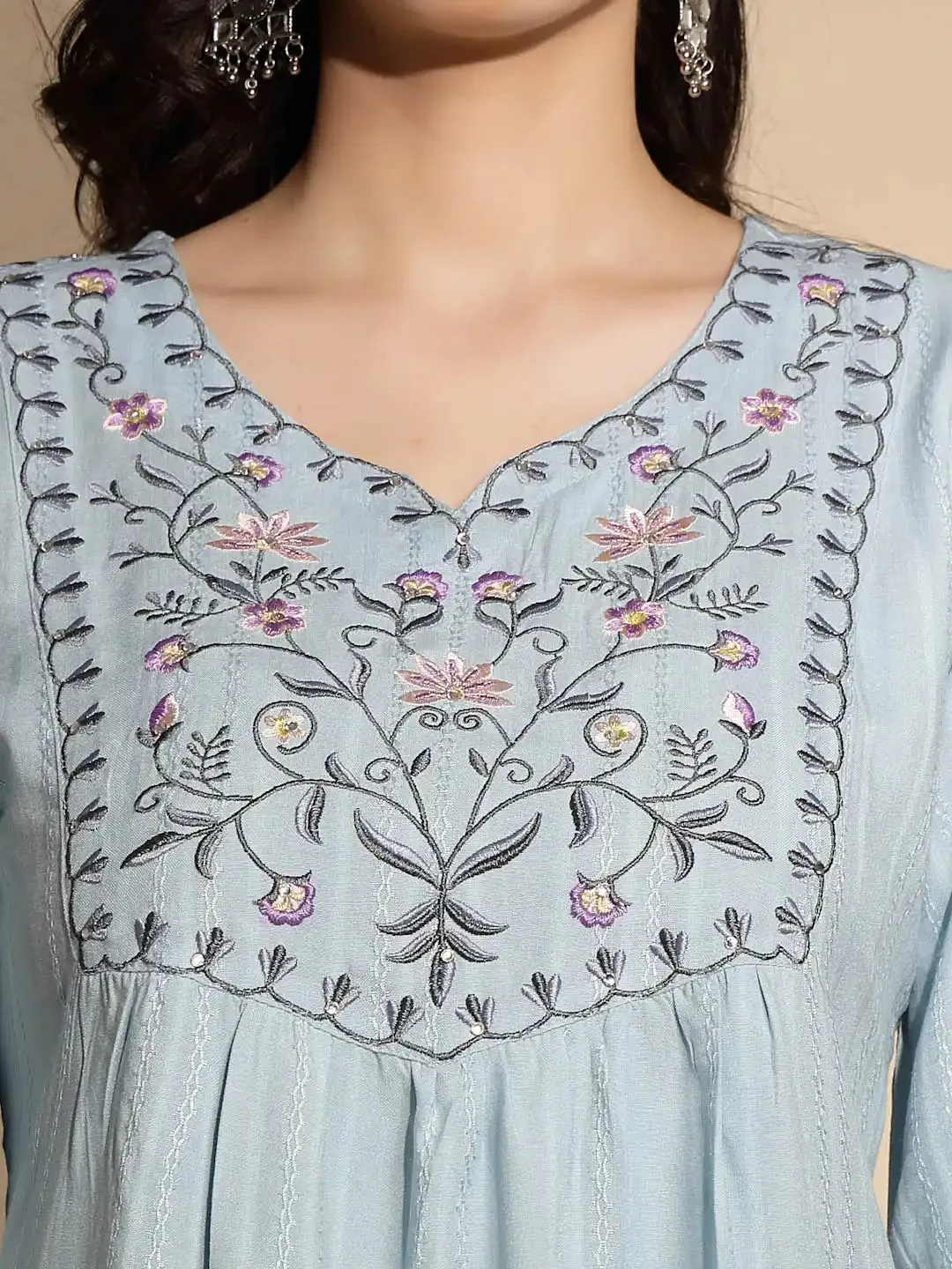 Grey Embroidered Three Quarter Sleeves V-Neck Cotton Blend Tunic