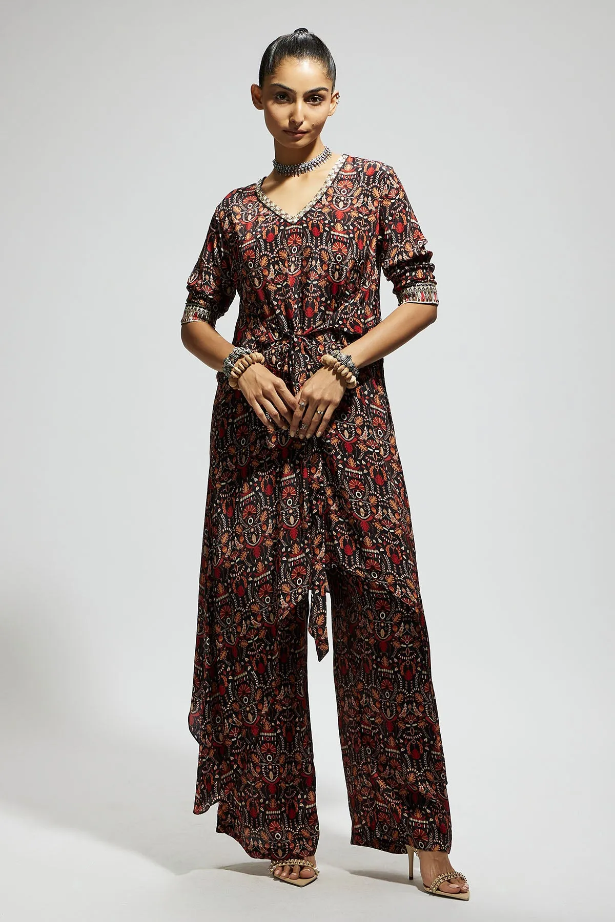 Grey Jaal Print Front Tie up Tunic