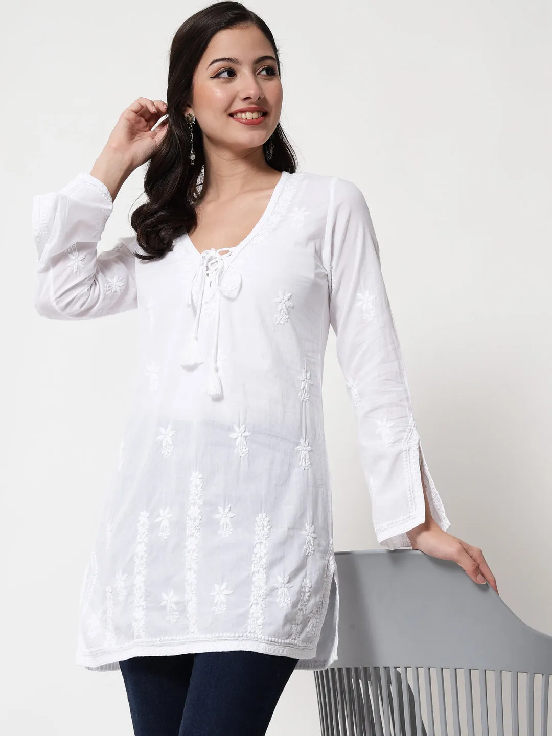 Hand Embroidered Women Chikankari Cotton Tunic-PC2085